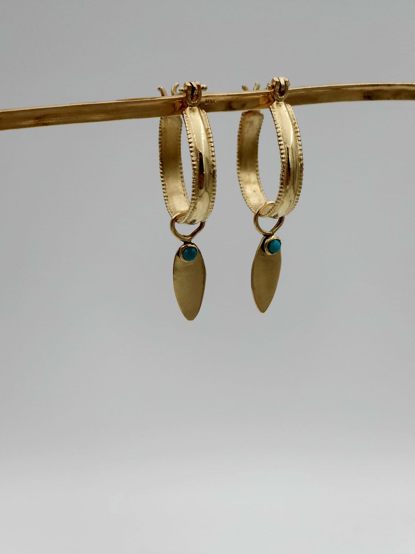 14K Gold Hoop Earrings with Decorative Drop and Turquoise Stone