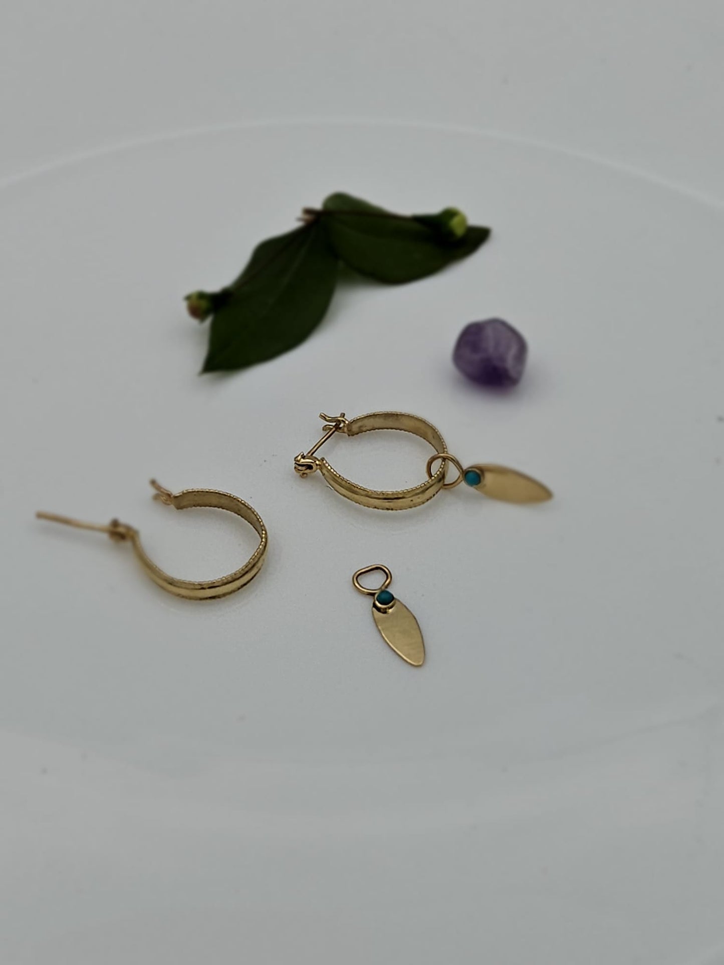 14K Gold Hoop Earrings with Decorative Drop and Turquoise Stone