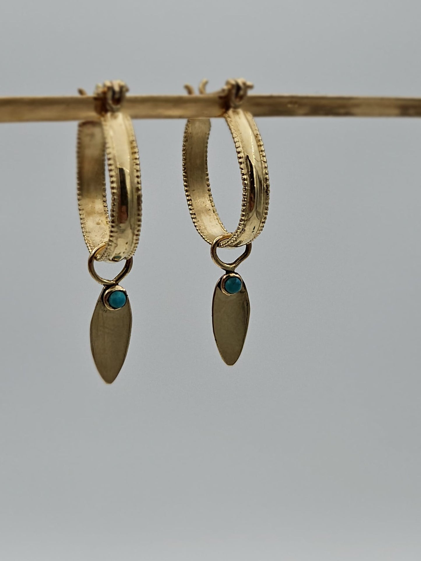 14K Gold Hoop Earrings with Decorative Drop and Turquoise Stone