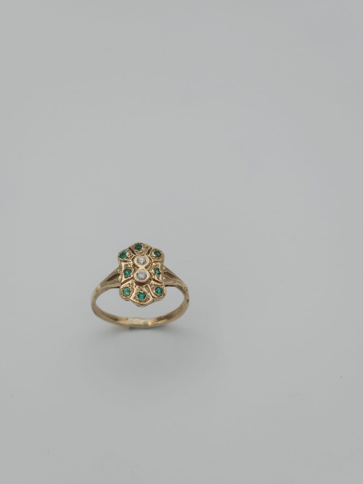 Antique-Style 14K Gold Ring Set with Emerald Stones and Two Diamonds