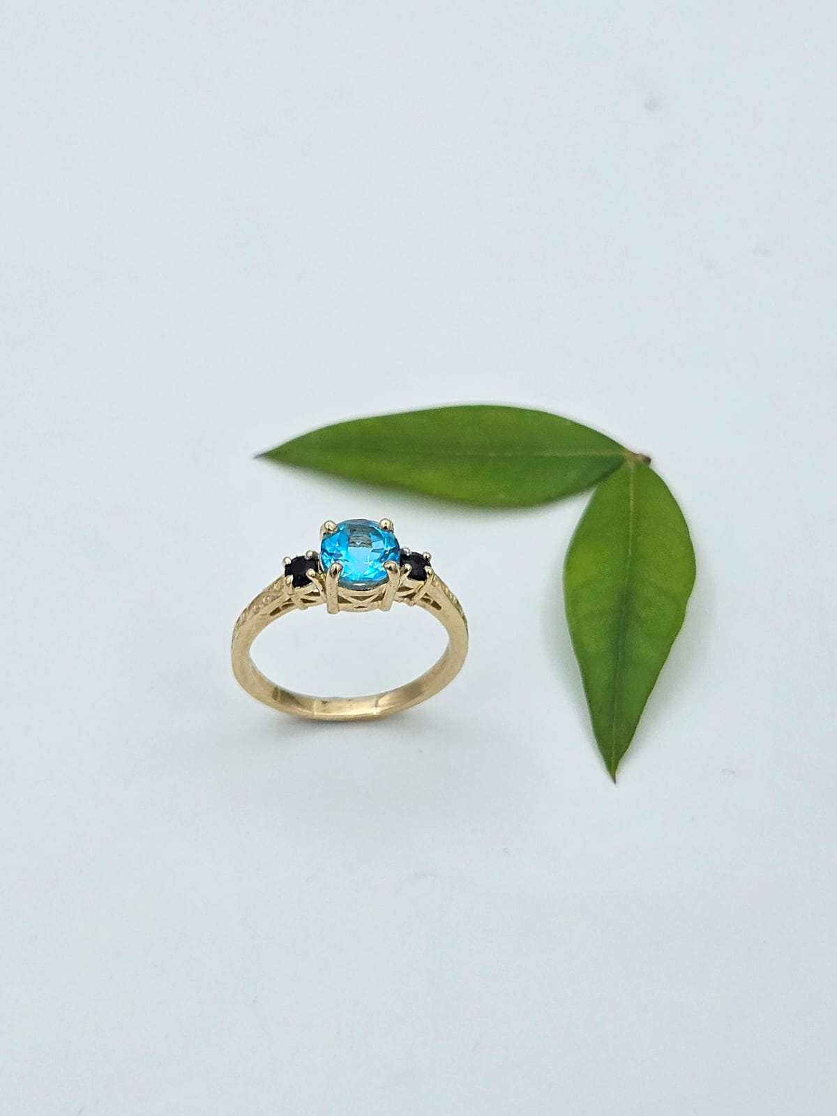 14K Gold Blue Topaz & Black Sapphire Ring