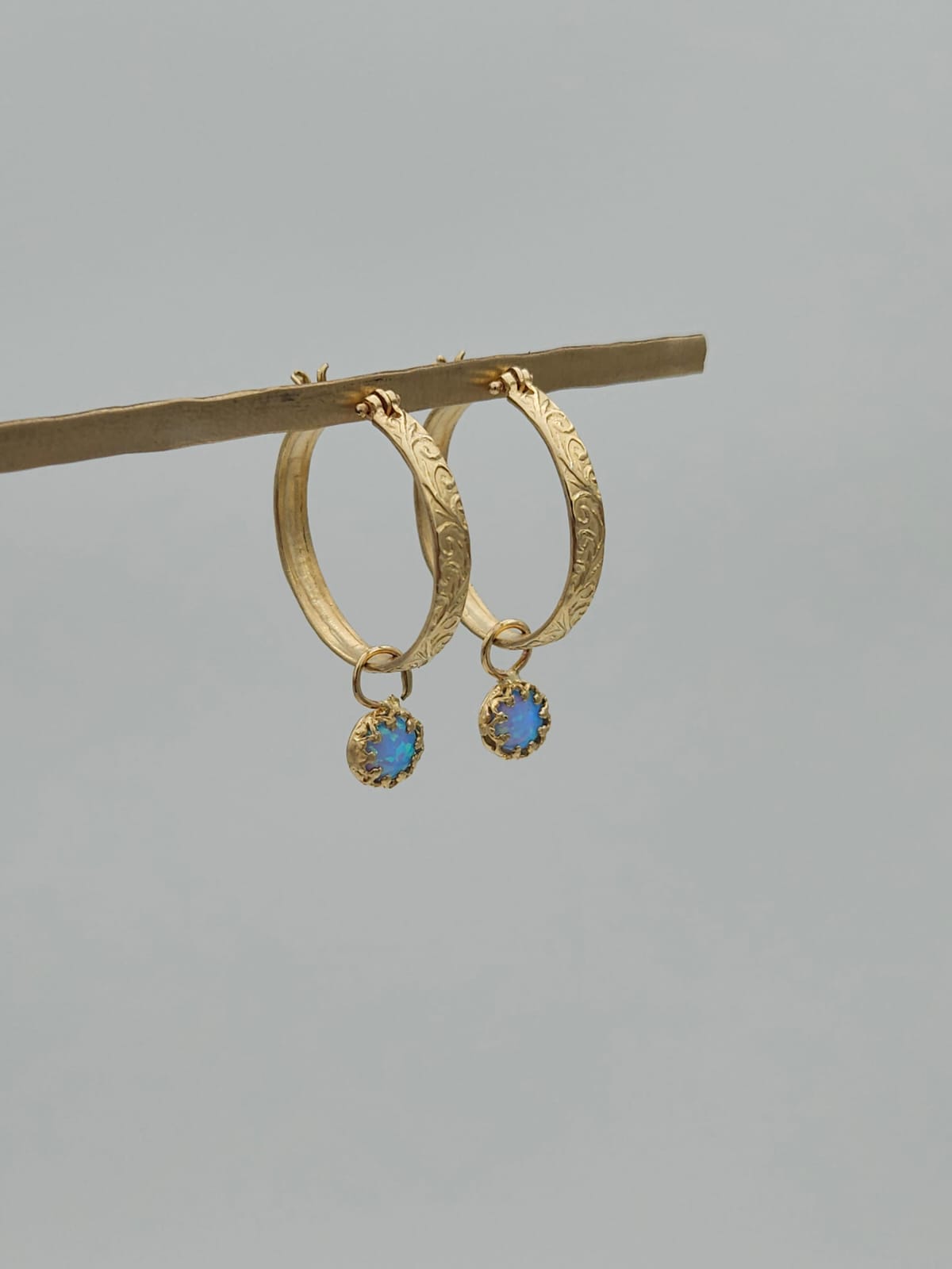 14K Gold Earrings with Blue Opal Stone