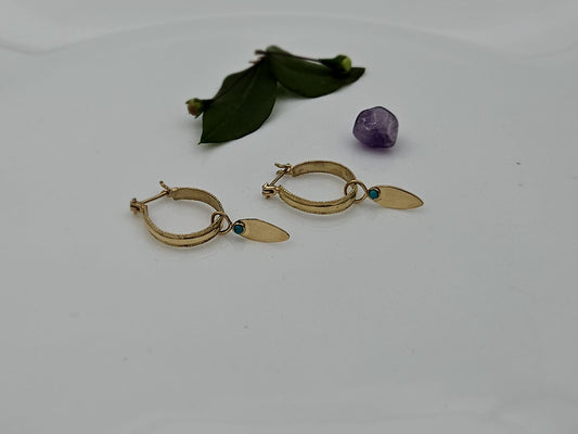 14K Gold Hoop Earrings with Decorative Drop and Turquoise Stone
