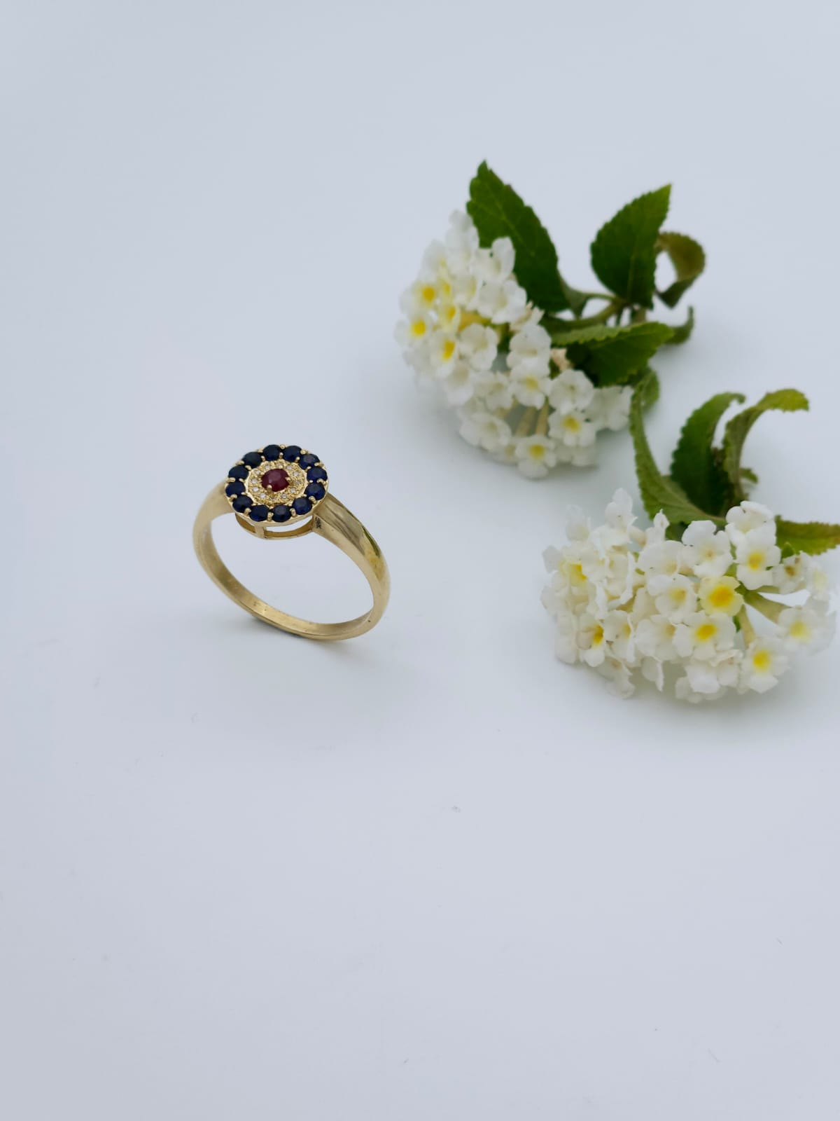 14K Gold Ring Set with Sapphires, Diamonds, and Rubies