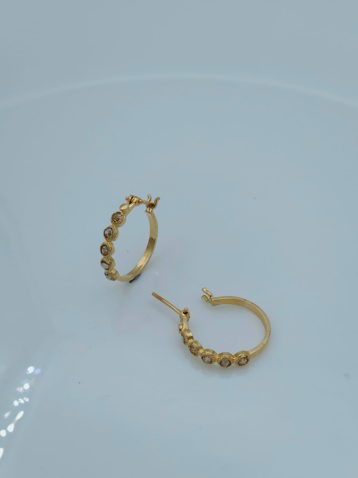 Unique Hoop Earrings, 14K Gold, Set with Antique-Cut Diamonds