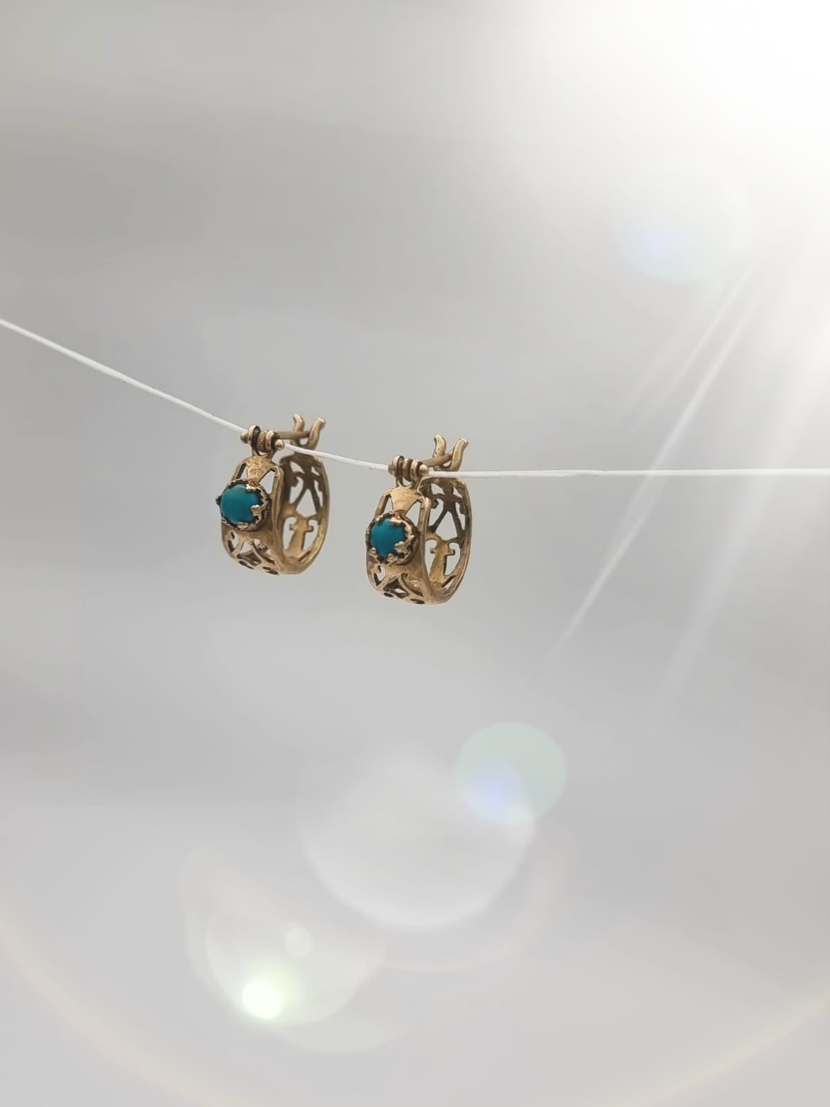 14K Gold Gypsy Earrings Set with Turquoise