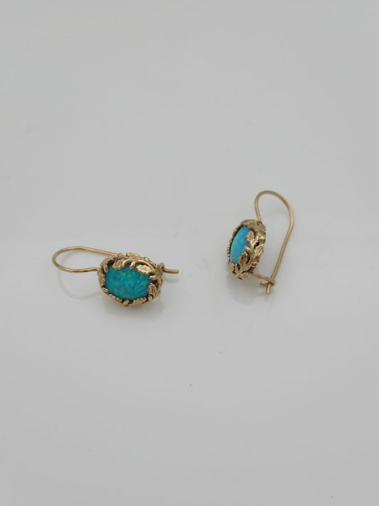 14K Gold Leaf-Adorned Earrings Set with Blue Opal