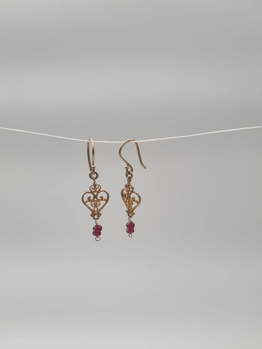 14K Gold Antique-Style Heart Earrings with Ruby Stones