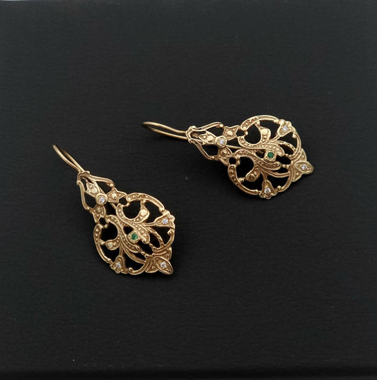 14K Victorian Gold Earrings with Emeralds and Diamonds