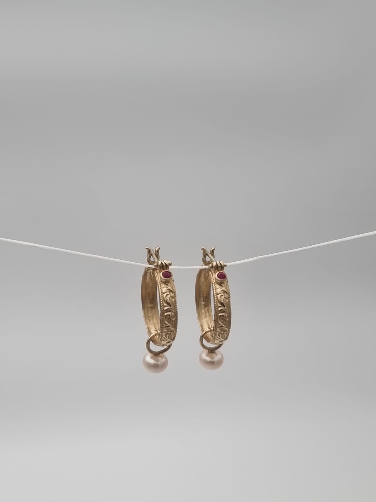 14K Gold Moroccan-Style Hoop Earrings Set with Ruby and Pearl