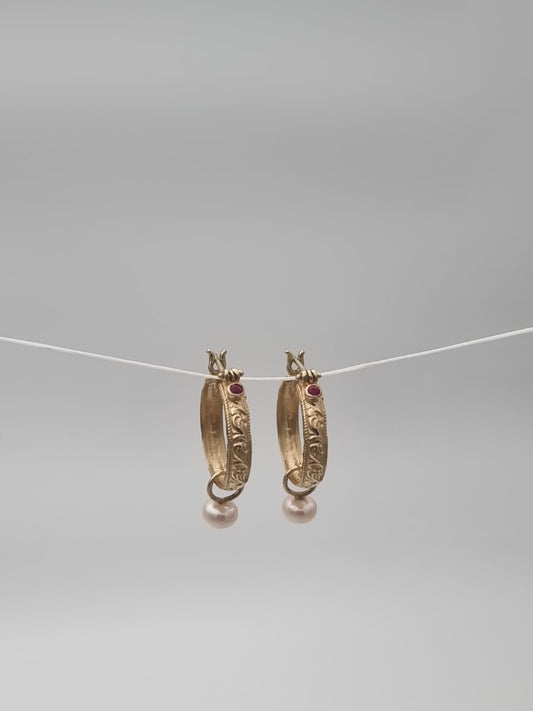14K Gold Moroccan-Style Hoop Earrings Set with Ruby and Pearl
