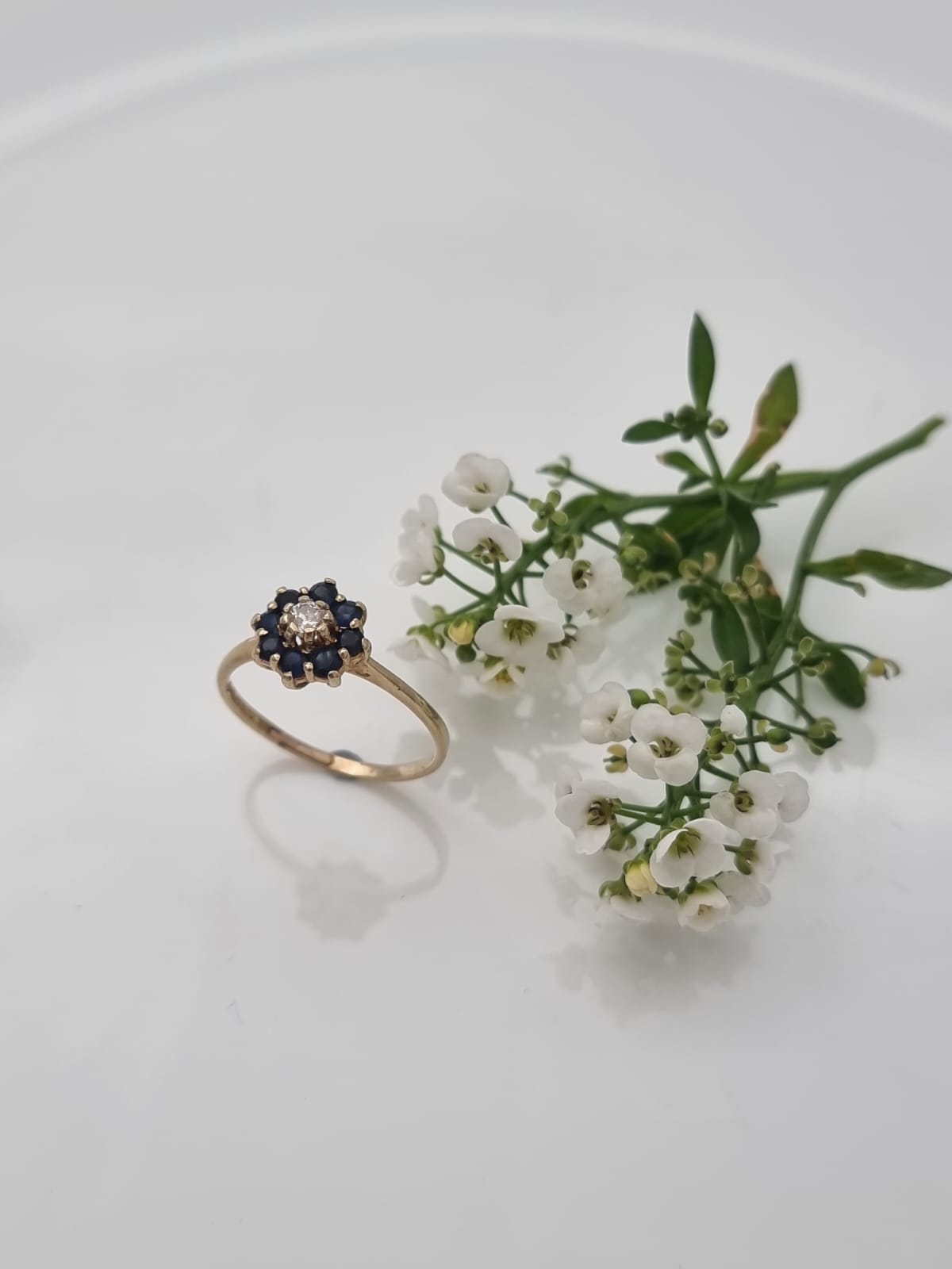 14K Gold Flower Ring Set with Diamond and Sapphires