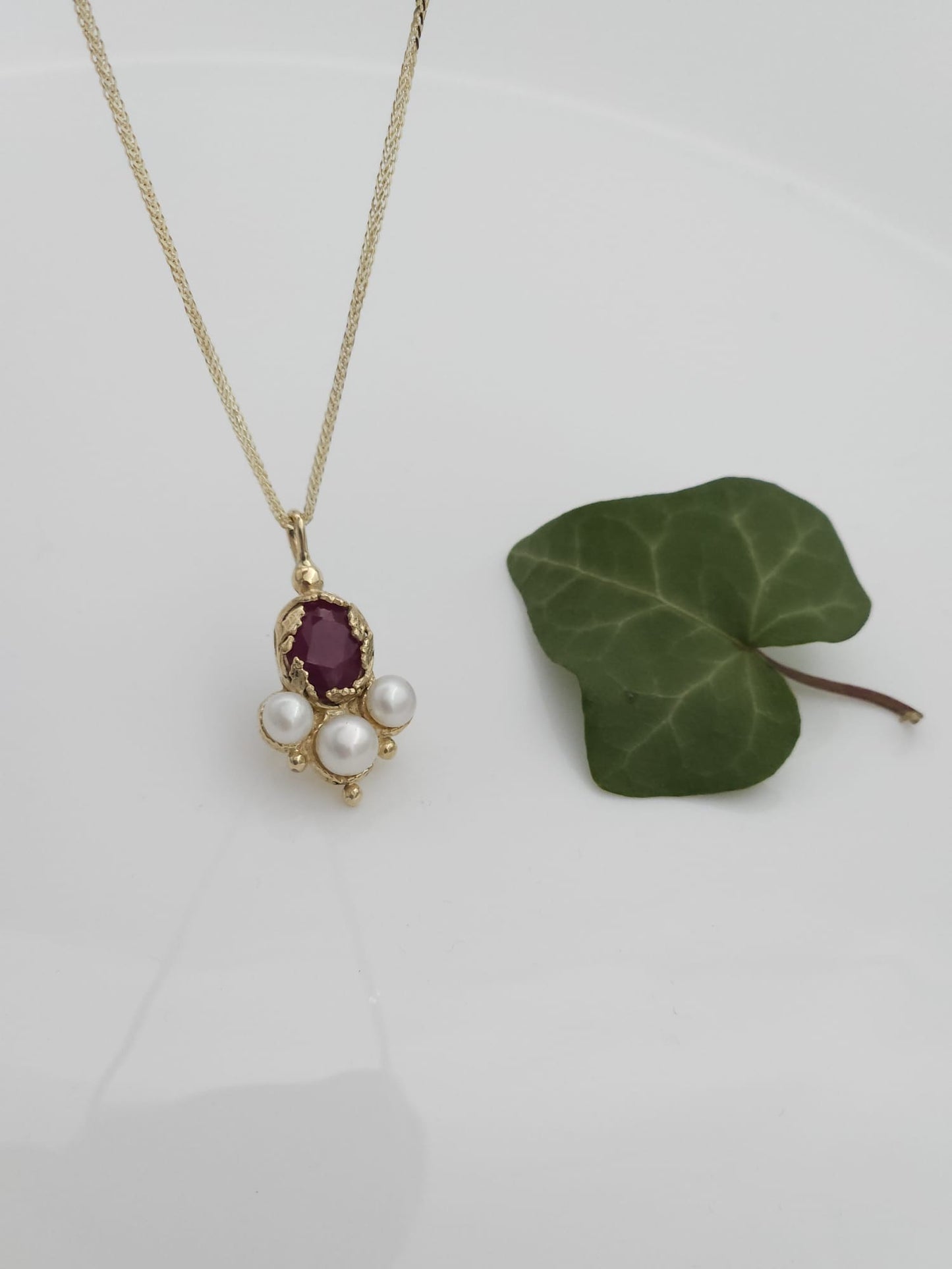 14K Gold Pendant and Necklace in an Antique Style, Adorned with Leaves, Set with a Natural Ruby and White Pearls