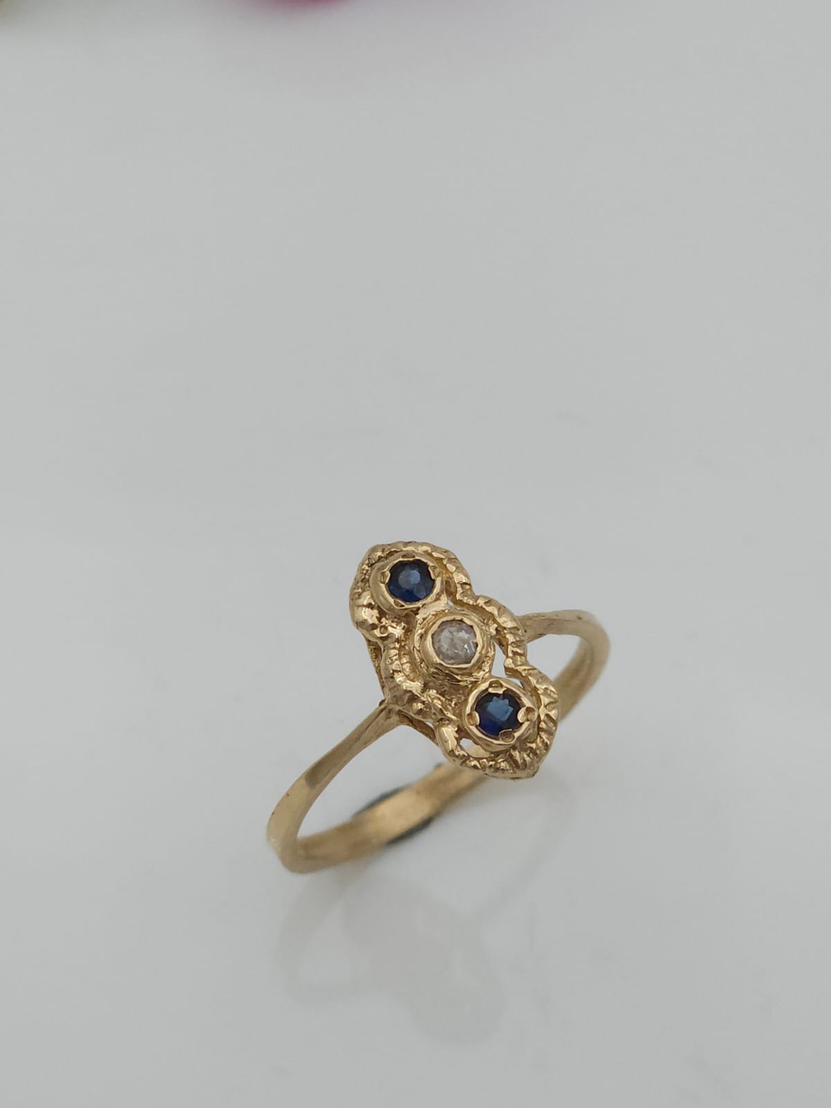 14K Gold Ring Set with Sapphire and Diamonds in an Antique Style