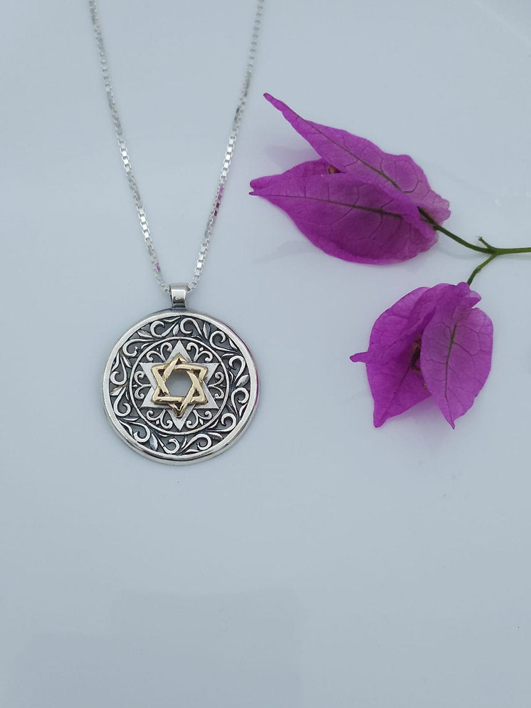 מגן דוד ספרדי כסף משולב זהב 14 קראט