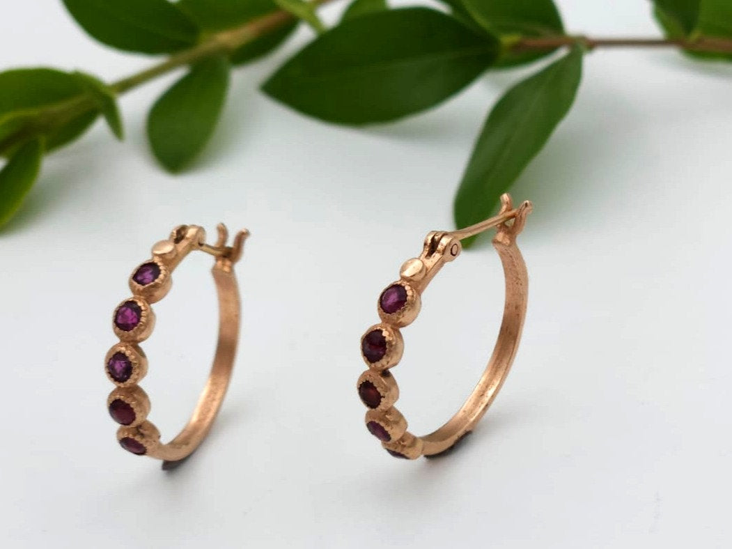 14K Gold Hoop Earrings Set with Garnet Stones
