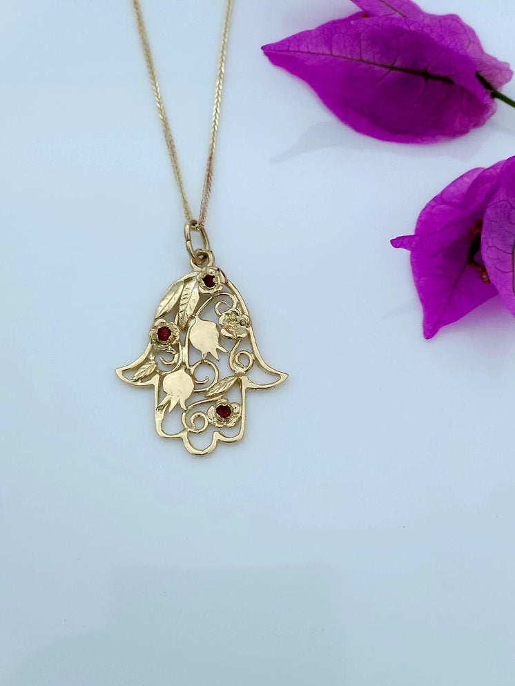 Hamsa Pomegranates, 14K Gold, Set with Garnet Stones