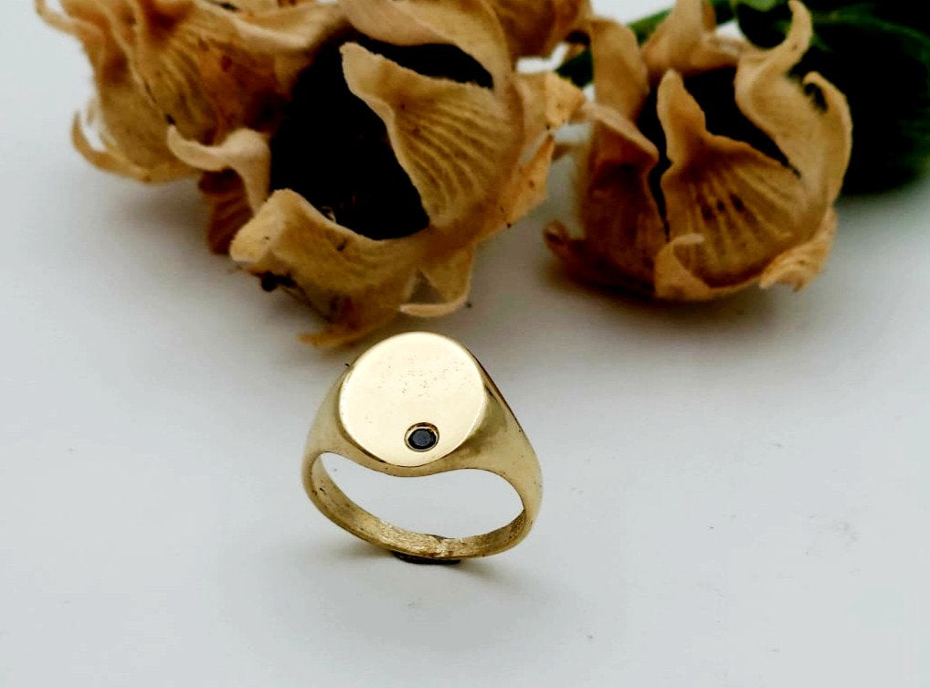 14K Gold Signet Ring Set with a Black Diamond
