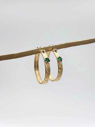 14K Gold Moroccan Hoop Earrings Set with Emeralds