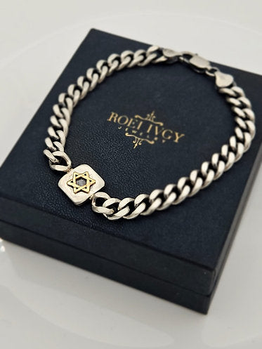 Silver and 14K Gold Star of David Bracelet