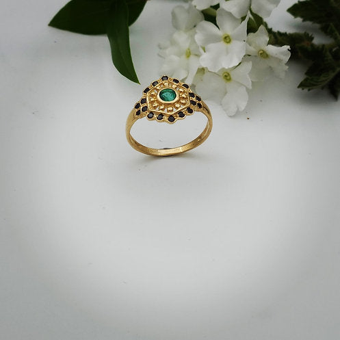 14K Gold Ring Set with Emerald and Black Diamonds