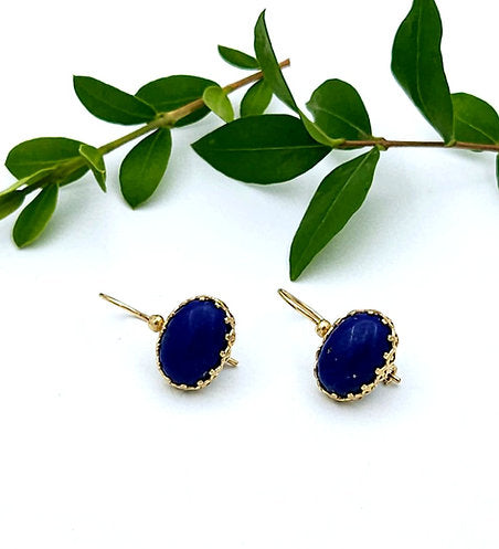 14K Gold Earrings Set with Blue Lapis Lazuli Stones