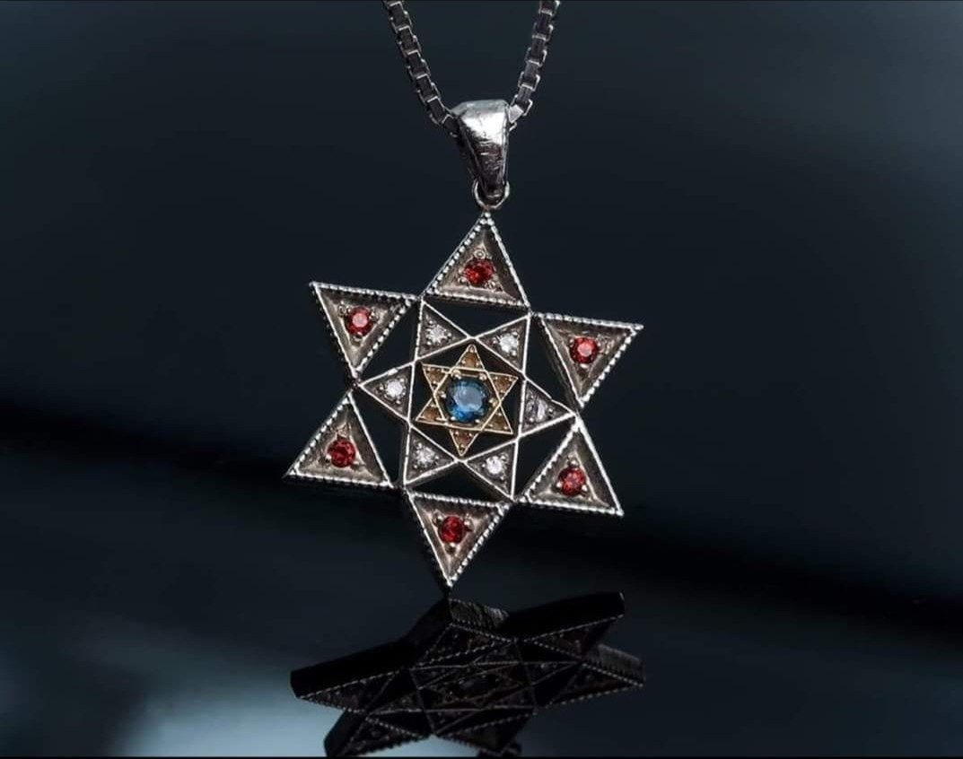 Star of David Pendant, Silver and Gold, Set with Garnet, Diamonds, and Sapphire
