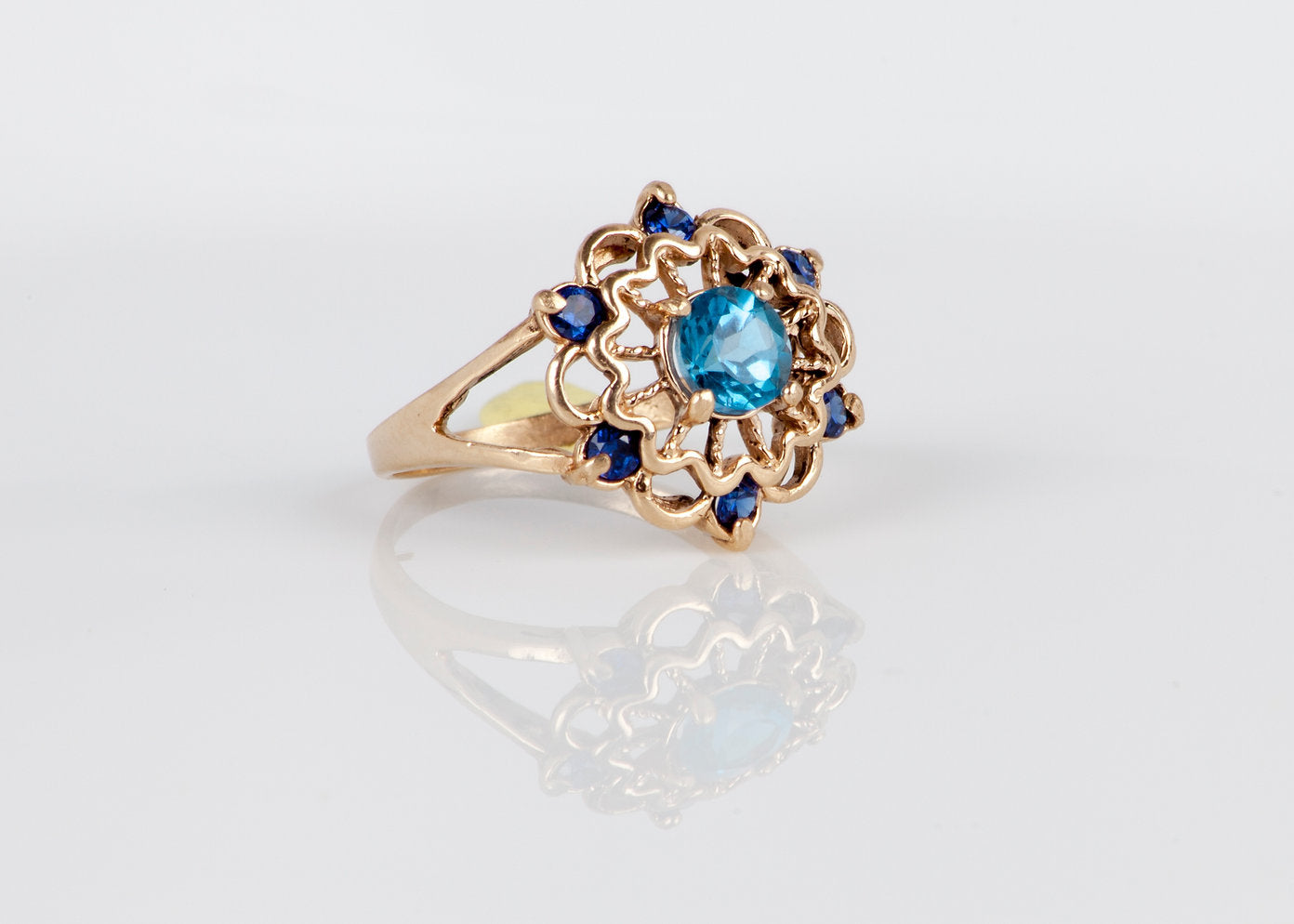 14K Gold Ring Set with Blue Topaz and Blue Sapphires