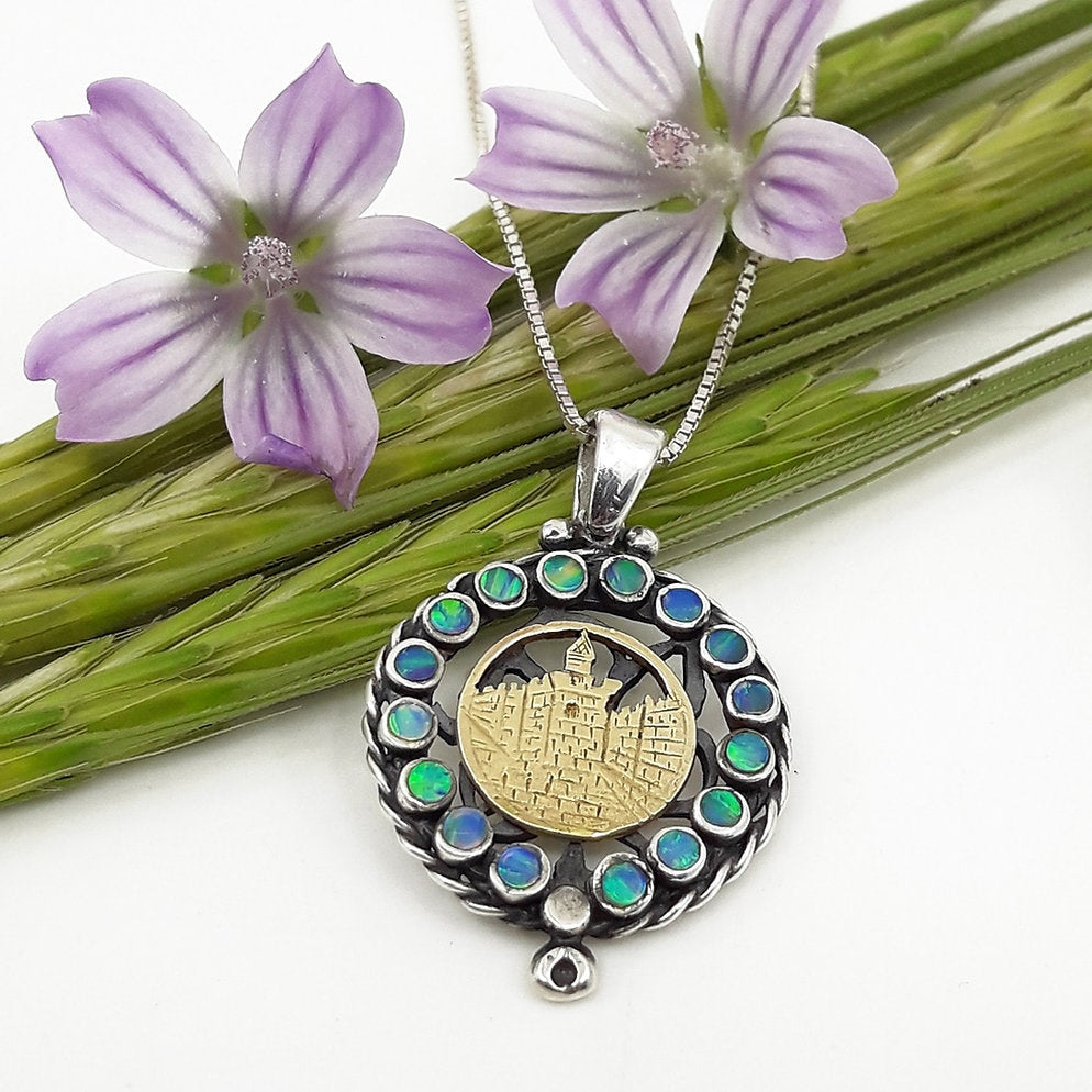 Jerusalem Pendant in Silver and Gold with Opal Stones