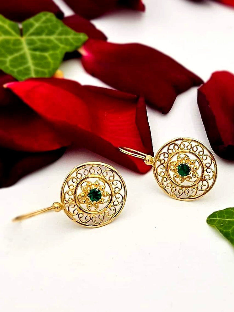 14K Gold Filigree Earrings with Emerald Stones