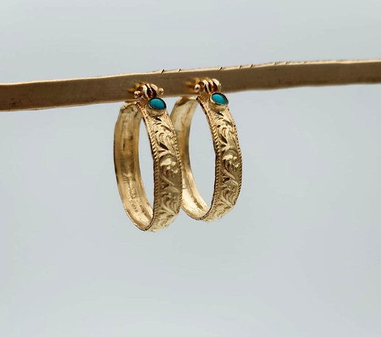 14K Gold Earrings with Filigree Detailing and Turquoise Stone