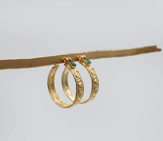 עגילי זהב 14 קראט, מעוטרים סלסלים ואבן טורקיז
