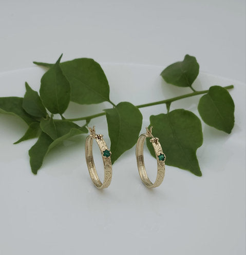 14K Gold Moroccan Hoop Earrings Set with Emeralds