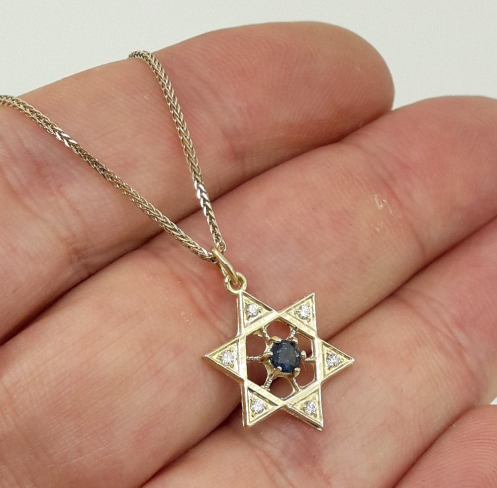 Star of David Pendant, 14K Gold, Set with Diamonds and Sapphire