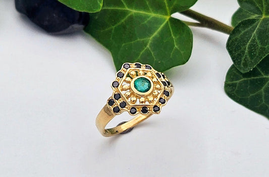 14K Gold Ring Set with Emerald and Black Diamonds
