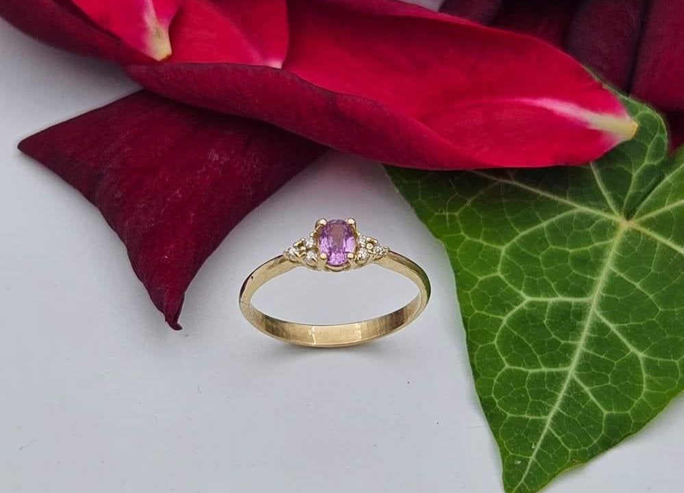 Delicate 14K Gold Ring Set with Pink Sapphire and 0.6 pt White Diamonds