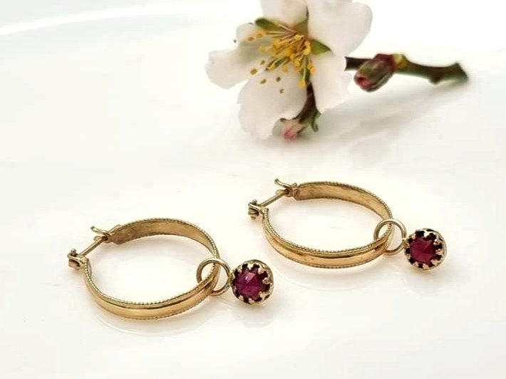 14K Gold Hoop Earrings with Garnet