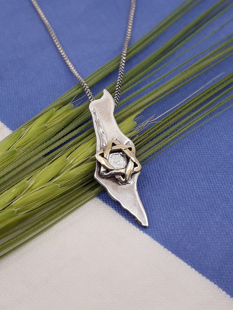 Map of Israel with Star of David – Silver Combined with 14K Gold