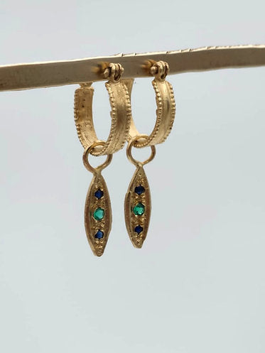 14K Gold Hoop Earrings Set with Sapphires and Emeralds