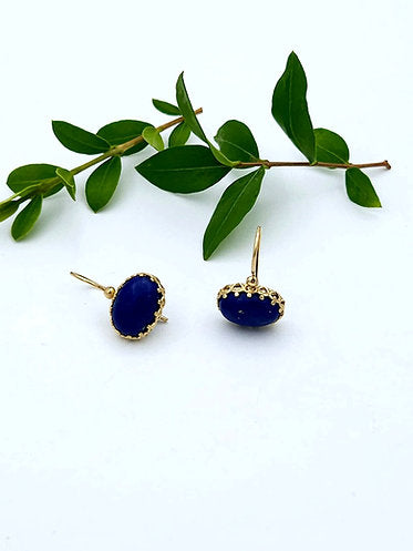 14K Gold Earrings Set with Blue Lapis Lazuli Stones