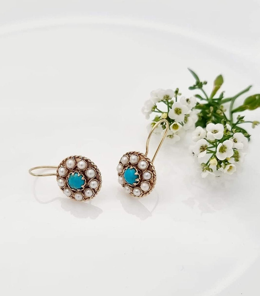 14K Gold Earrings Set with Pearls and Turquoise