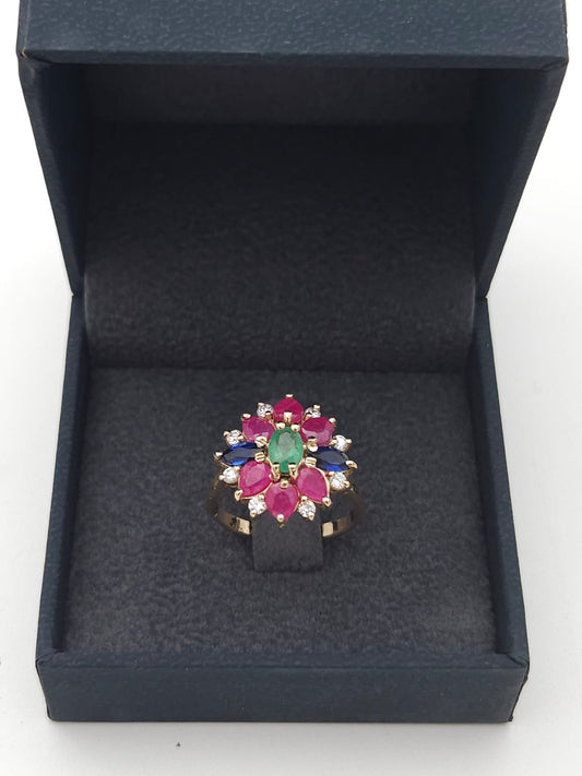 טבעת זהב פרחונית עם אבני חן טבעיות ויהלומים