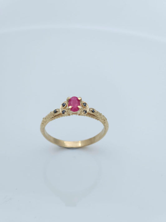 Antique-Style Ring with Unique Ornaments, 14K Gold, Set with Black Diamonds and Rubies