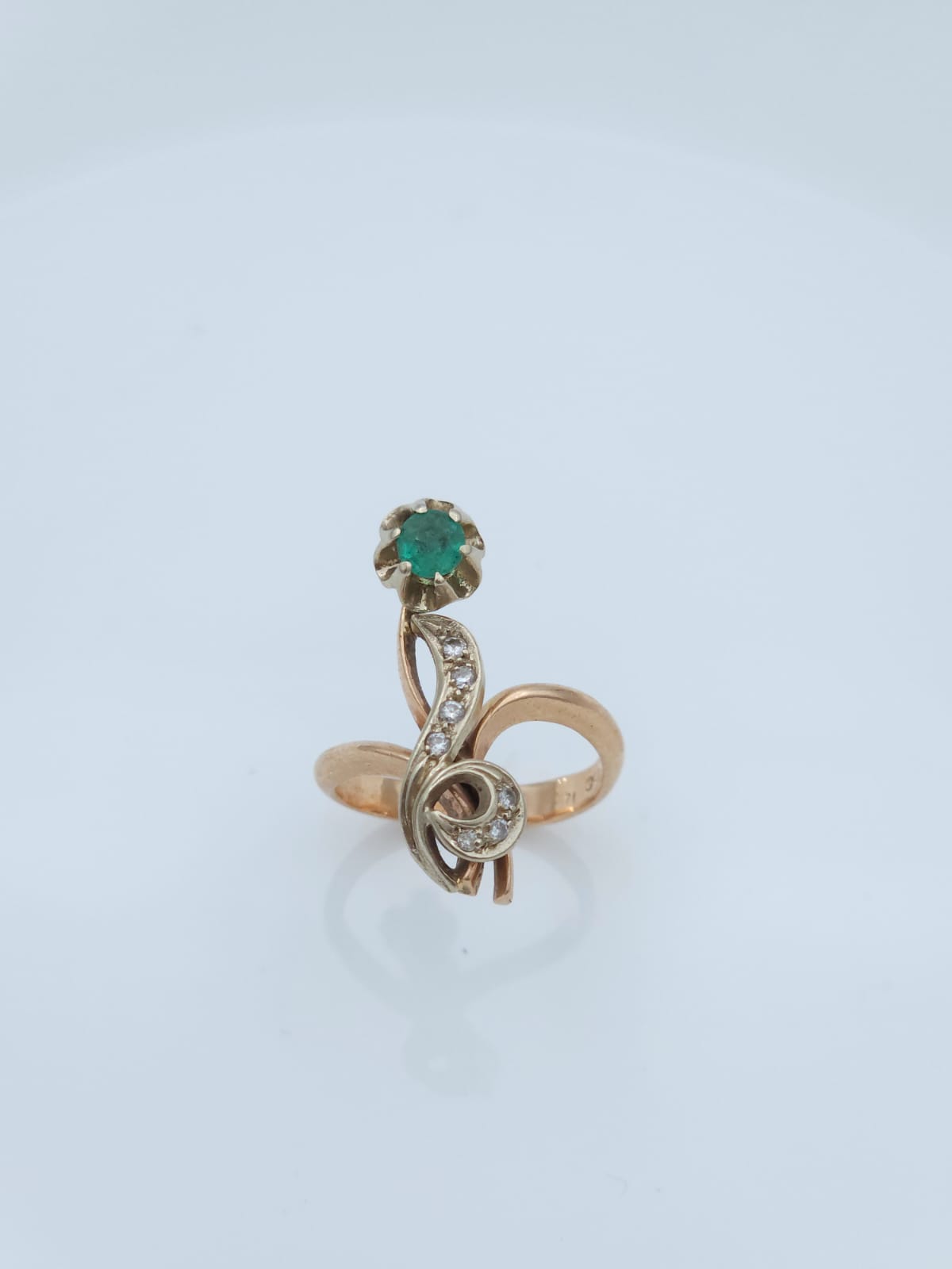 Vintage 14K Rose and White Gold Ring Set with Emerald and Diamonds