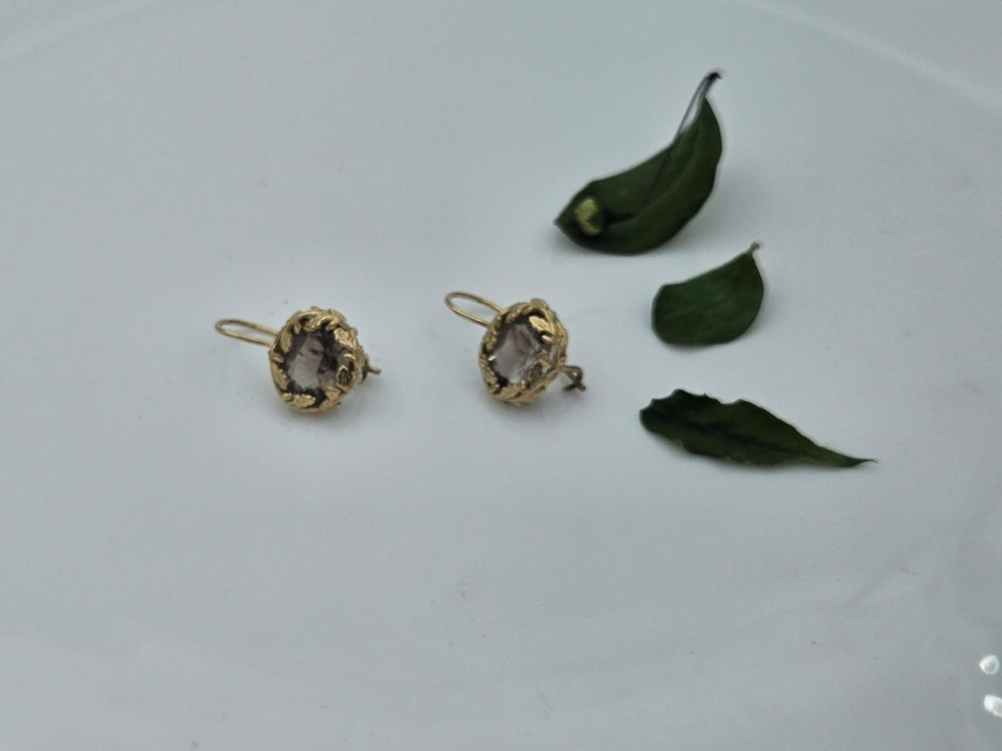 14K Gold Leaf-Patterned Earrings Set with Smoky Topaz