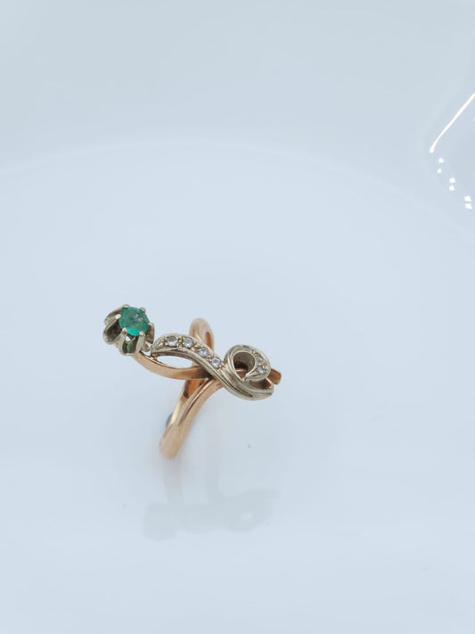 Vintage 14K Rose and White Gold Ring Set with Emerald and Diamonds