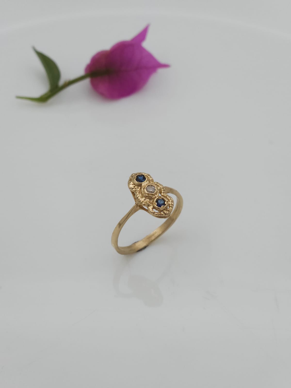 14K Gold Ring Set with Sapphire and Diamonds in an Antique Style