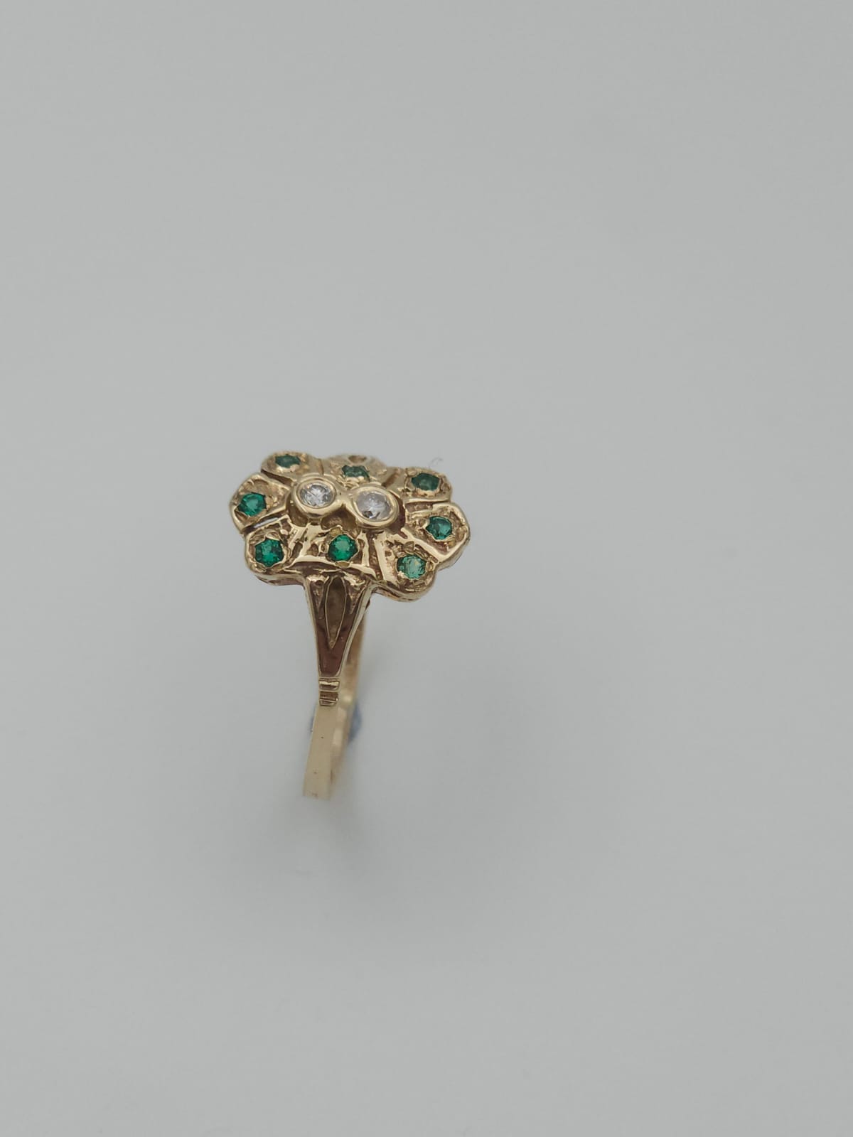 Antique-Style 14K Gold Ring Set with Emerald Stones and Two Diamonds