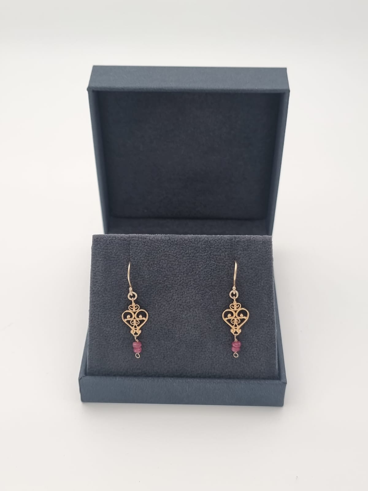 14K Gold Antique-Style Heart Earrings with Ruby Stones