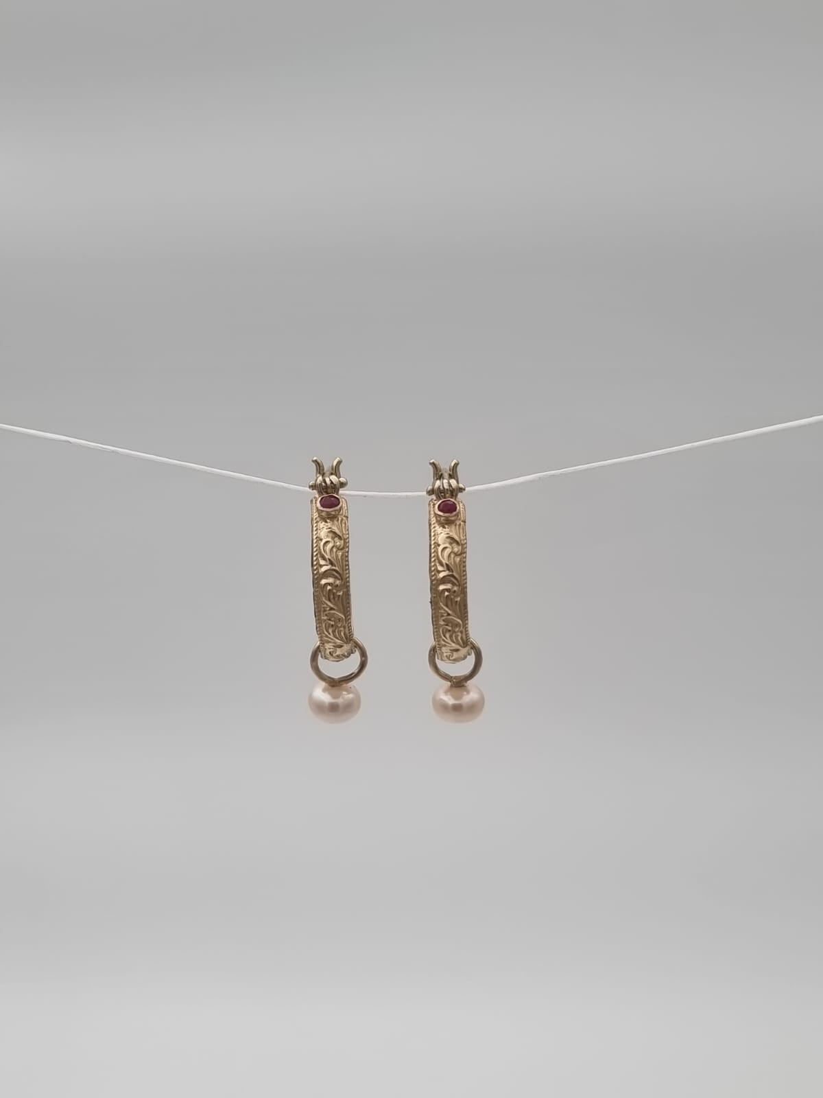 14K Gold Moroccan-Style Hoop Earrings Set with Ruby and Pearl